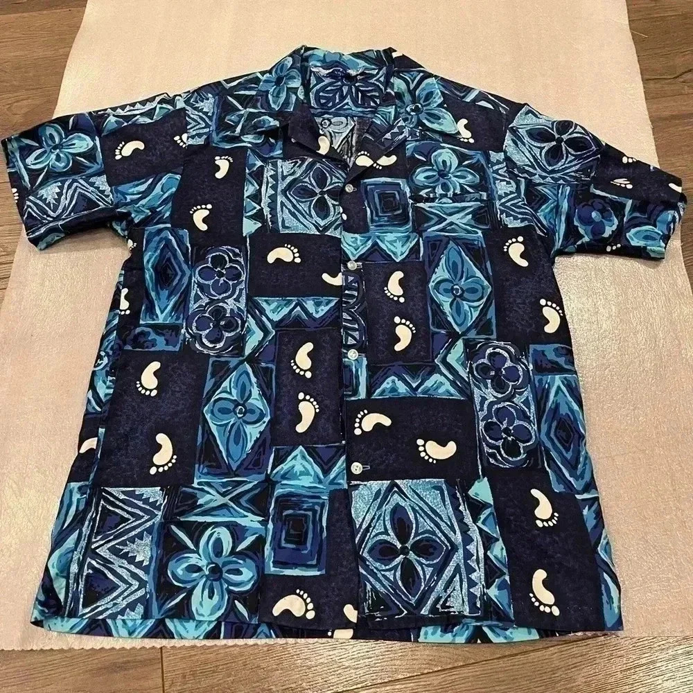 [XL]Vintage Bai Nan Hawaii Blue Mixed Pattern S/S Button Up  Shirt
